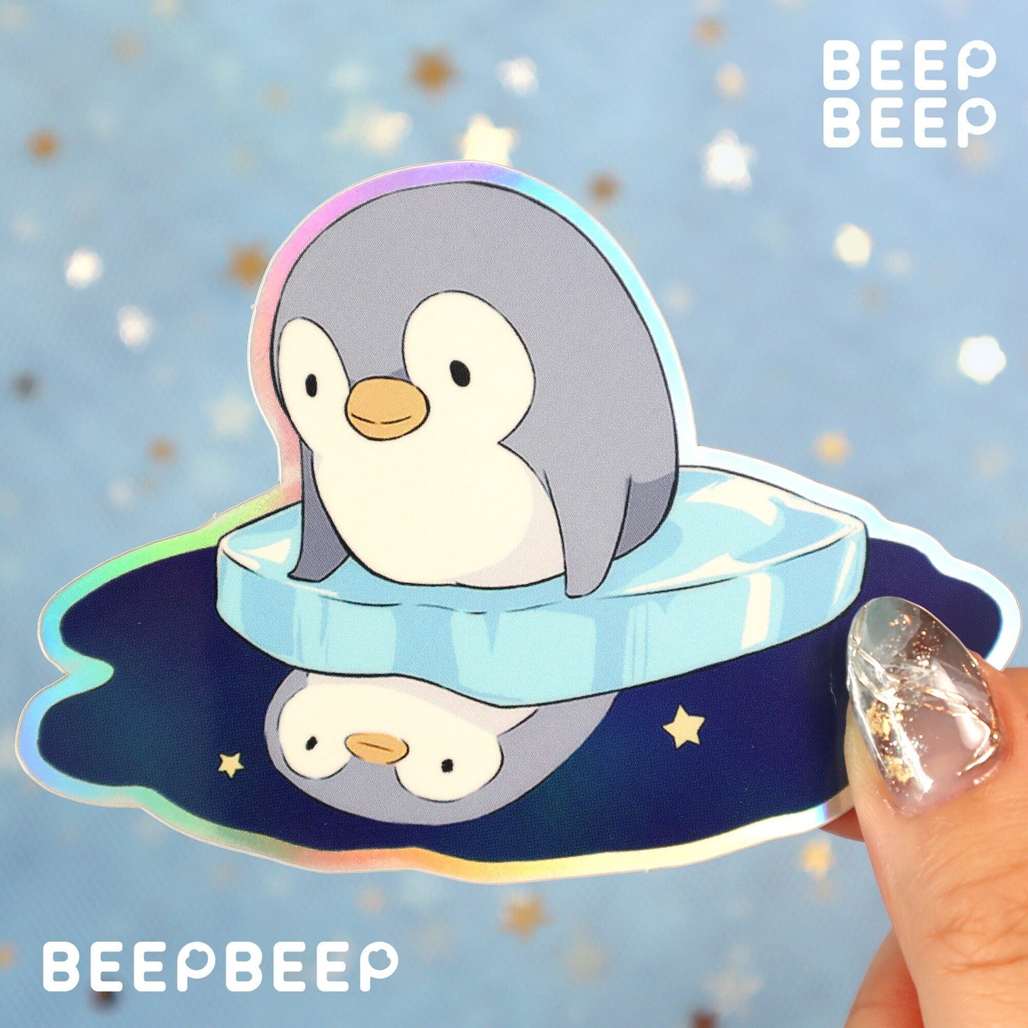 Beep Beep the Penguin Looking at her own Reflection Holographic Vinyl Sticker