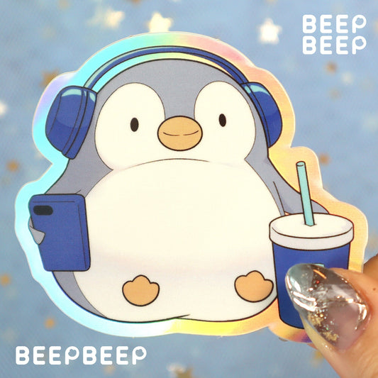 Beep Beep the Penguin with her Headphones on Holographic Vinyl Sticker