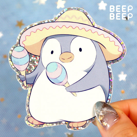 Beep Beep the Penguin Playing Maracas Holographic Glitter Vinyl Sticker