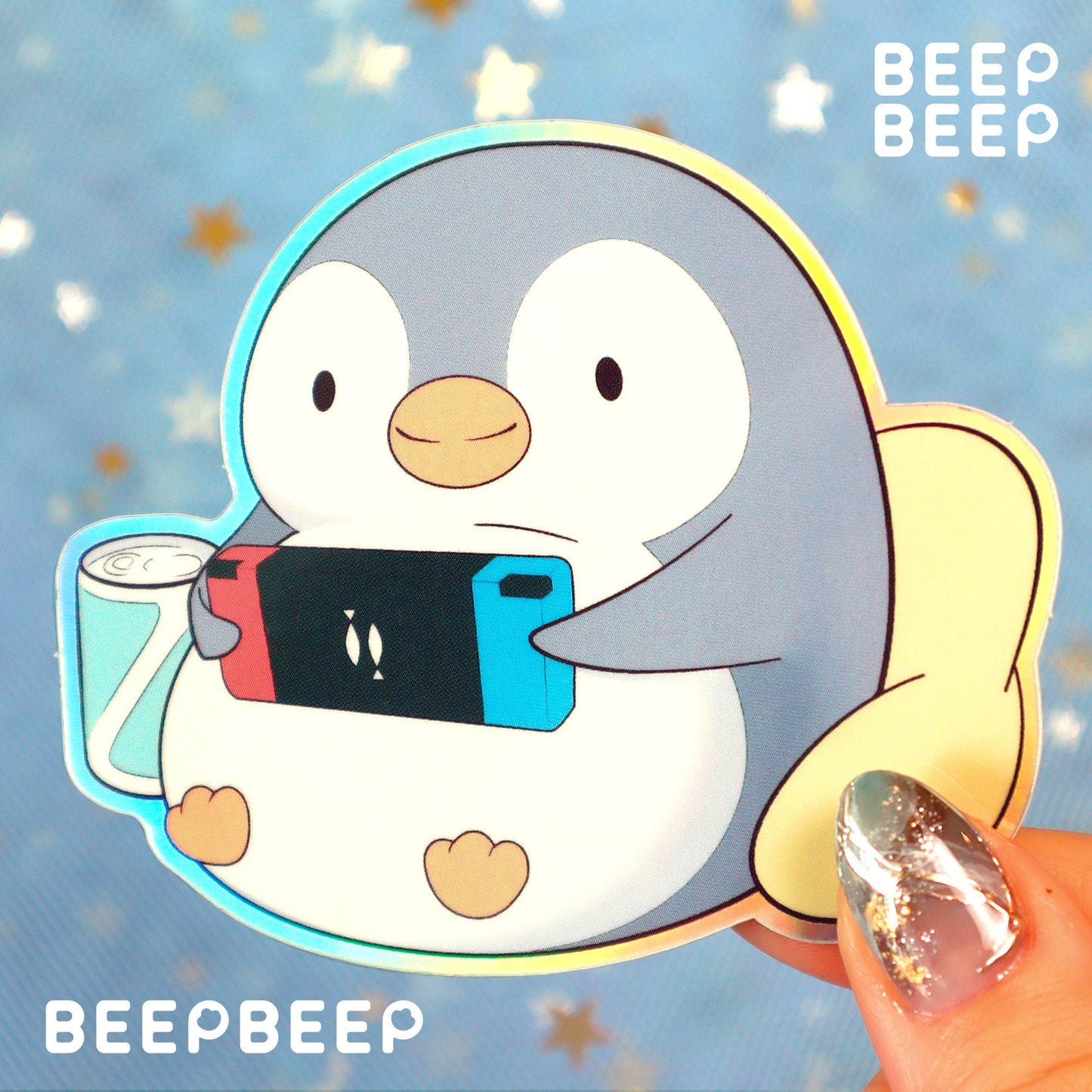 Beep Beep the Penguin Playing Nintendo Switch Holographic Vinyl Sticker