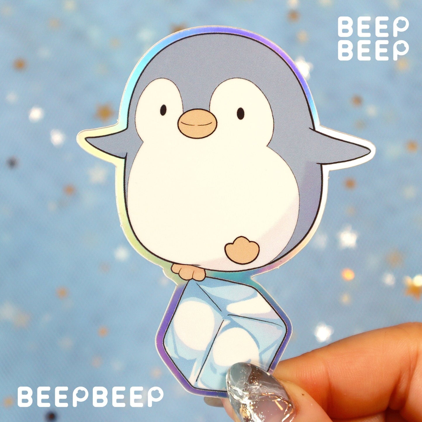 Beep Beep the Penguin Standing on Ice Cube Holographic Vinyl Sticker